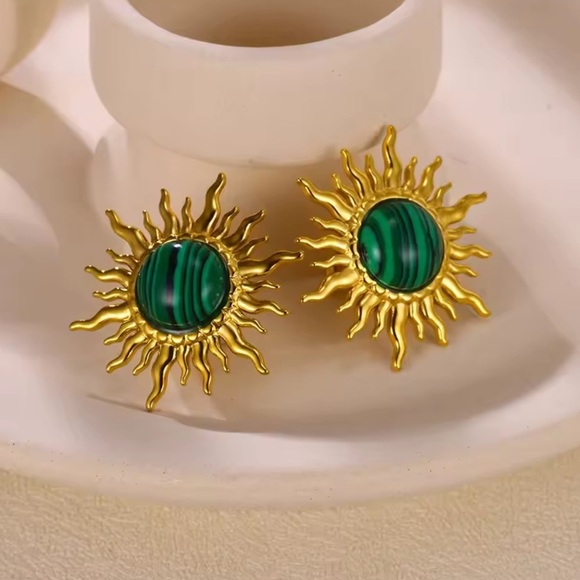 Malachite Sun 18K Gold Stainless Steel Waterproof Earrings - Picture 1 of 4